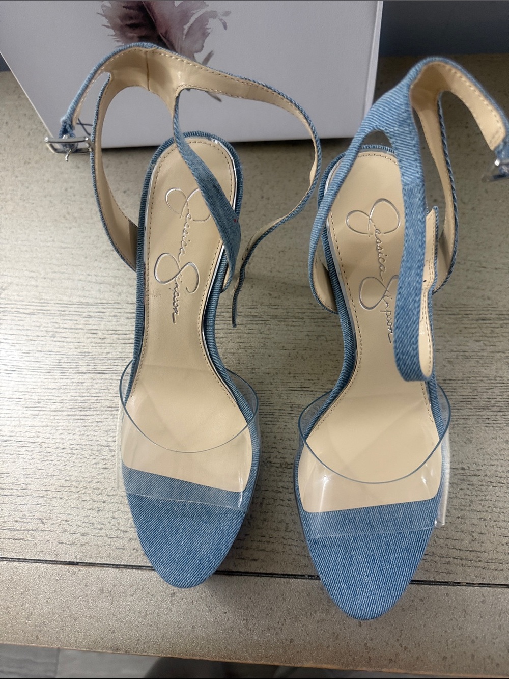 Jessica Simpson Light Blue Denim Clear Strap Ankle-Heel Sandals - Picture 6 of 6